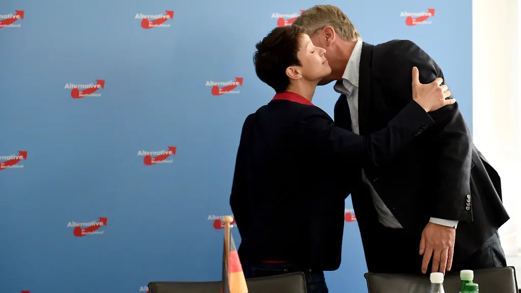 Frauke-Petry-und-Joerg-Meuthen-die-Sprecher-des-AfD-Bundesvorstands-begruessen-sich-in-Berlin-vor-Beginn-der-Tagung