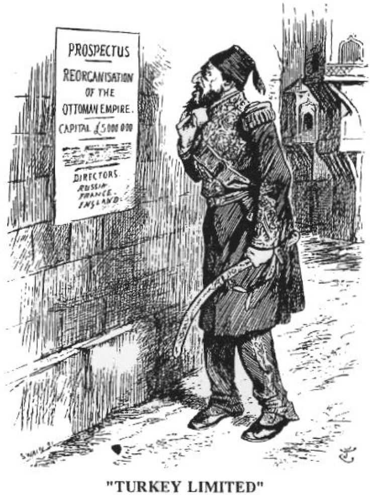 Demütigungen reichen lange zurück. Die Zeitungskarikatur von 1896 zeigt Sultan Abdülhamid II., wie er erstaunt zur Kenntnis nimmt, dass die europäischen Mächte Russland, Frankreich und Großbritannien das Reich für 5 Millionen britische Pfund verkauft haben.