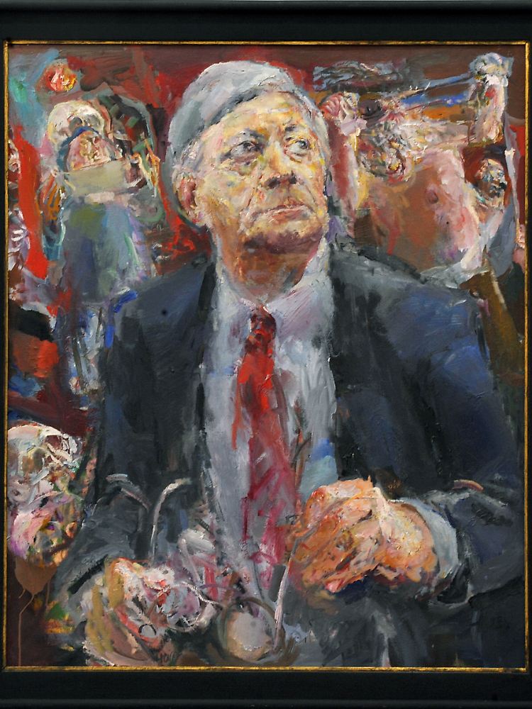 Gemälde "Atelierbesuch" von Bernhard Heisig mit dem Bildnis von Helmut Schmidt.