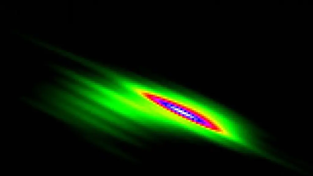 Radiobild-des-aktiven-Galaxienkerns-BL-Lacertae-gemessen-mit-RadioAstron-bei-1-3-cm-Wellenlaenge-mit-einer-Rekord-Winkelaufloesung-von-nur-21-Mikro-Bogensekunden-Die-extrem-elliptische-Umlaufbahn-des-Weltraum-Radioteleskops-um-die-Erde-fuehrt-zu-einer-ausgepraegten-Richtungsabhaengigkeit-der-Winkelaufloesung-durch-die-im-Bild-dargestellte-Strukturen-sehr-stark-elliptisch-auseinandergezogen-erscheinen