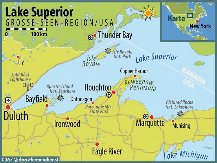 Der größte und der tiefste der fünf Großen Seen: Der Lake Superior grenzt an die US-Staaten Michigan, Wisconsin und Minnesota sowie die kanadische Provinz Ontario.