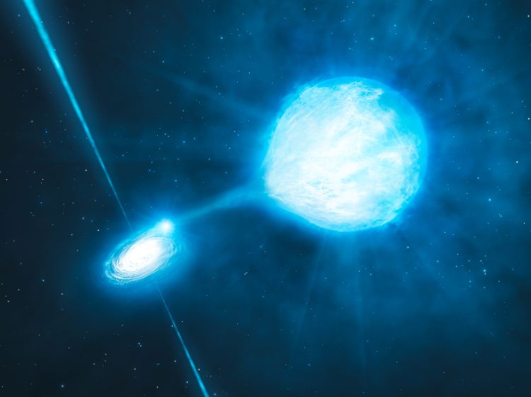 Diese künstlerische Darstellung zeigt ein Schwarzes Loch (l), das sich Materie von seinem Begleitstern (r) absaugt.