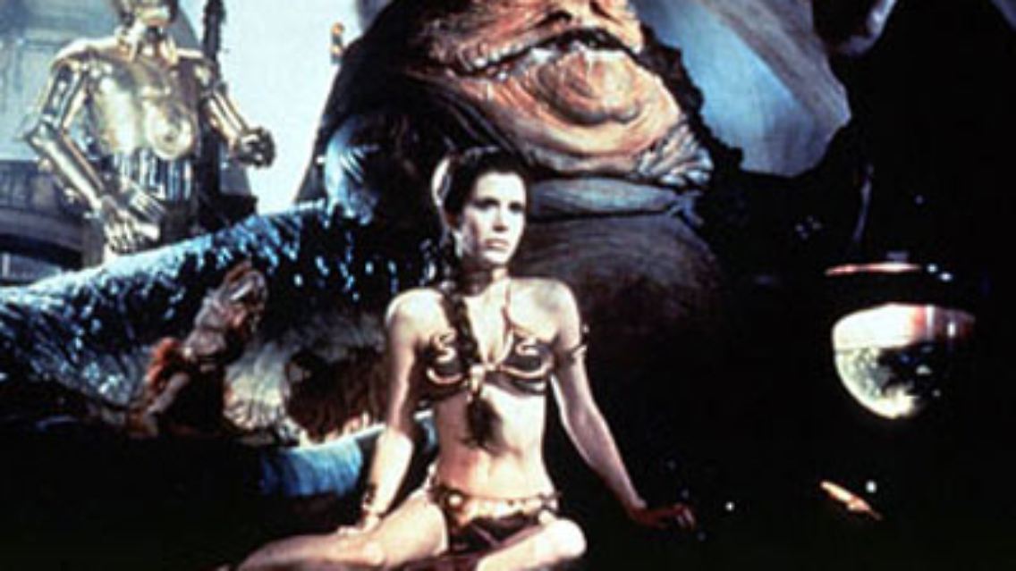 Die Original-Filmszene mit Carrie Fisher im Goldbikini.