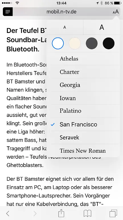 Safari-Leseansicht-Optionen
