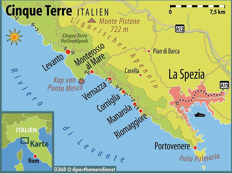 Die fünf Dörfer von Cinque Terre krallen sich an der Riviera di Levante in die bis zu 800 Meter hohen Ausläufer des Ligurischen Apennin.
