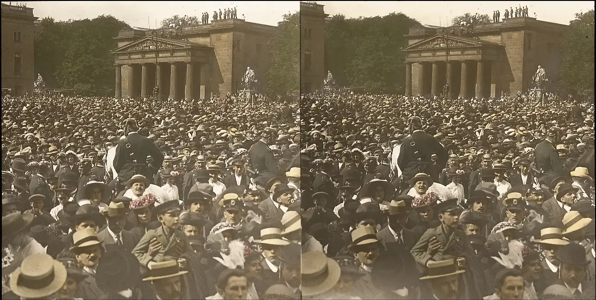 Vollstaendige-Stereoskopie-aus-dem-Kaiserpanorama-Sedantag-1914-Kriegsbegeisterung-Unter-den-Linden-Berlin