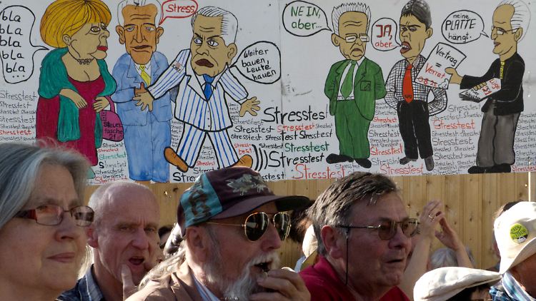 Teilnehmer der Montagsdemo hören den Reden zu, während hinter ihnen eine Karikatur zum Stresstest hängt.