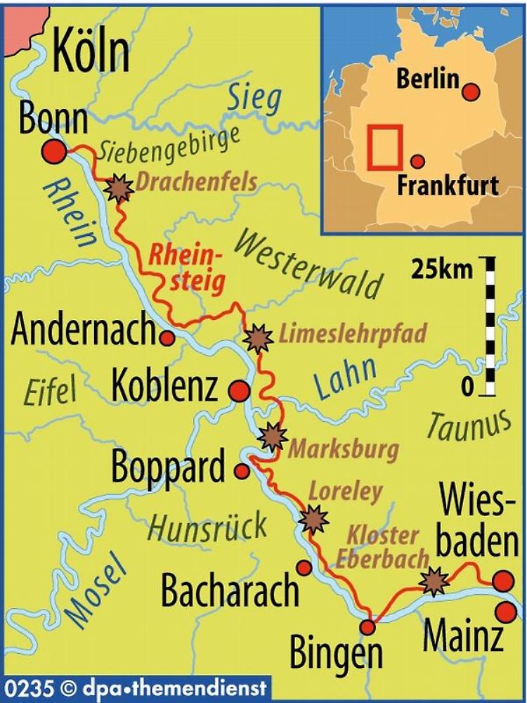 Rund 320 Kilometer durchs Rheintal: Der Rheinsteig verläuft auf der Ostseite des Flusses von Wiesbaden bis Bonn.