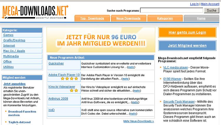 Mega-Downloads.net wirkt auf den ersten Blick seriös.