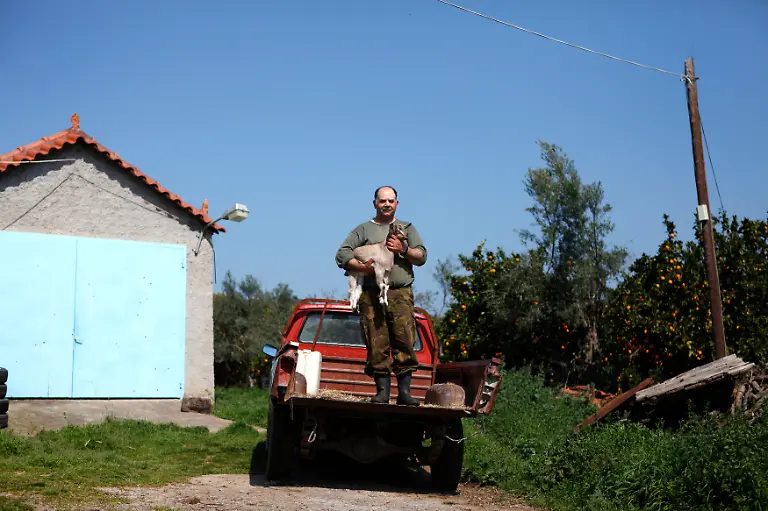 George-Andrianakis-56-a-farmer-stands-on-the-back-of-his-pickup-truck-with-one-of-his-kid-goats-in-the-yard-of-his-farm-at-the-village-of-Stafania-in-the-Peloponesse-area-of-Greece-March-17-2012-When-asked-how-he-had-been-affected-by-the-economic-crisis-Andrianakis-replied-I-am-surviving-rather-than-living-Picture-taken-March-17-2012