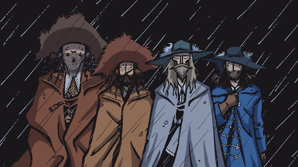 Vier Männer im Regen: Portos, D'Artagnan, Athos, Aramis (v.l.).