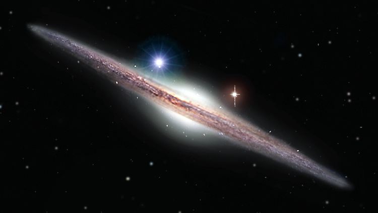 Diese künstlerische Darstellung zeigt die 290 Millionen Lichtjahre entfernte Galaxie ESO 243-49 und links oberhalb der Bildmitte das neu entdeckte Schwarze Loch HLX-1 in hellem Blau.