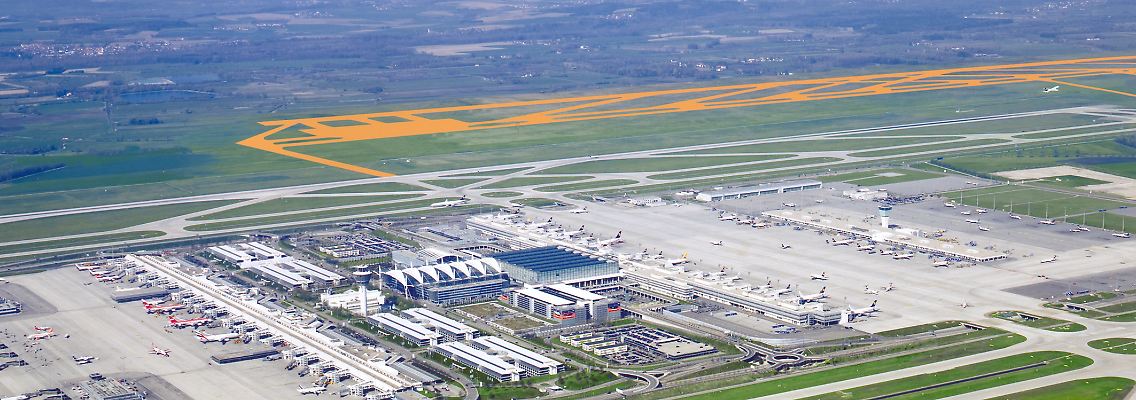 Der Flughafen München, rechts oben die geplante dritte Bahn.