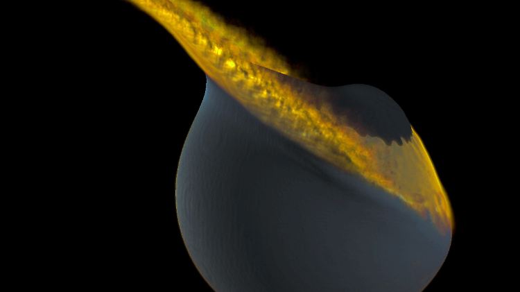 Die Momentaufnahme einer Simulation zeigt eine Kollision des Mondes mit einem zweiten, kleineren Mond rund 100 Millionen Jahre nach Entstehung des Erde-Mond-Systems.