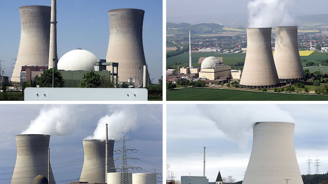 Das Atomkraftwerk in Grafenrheinfeld bei Schweinfurt, das Kernkraftwerk Grohnde an der Weser in der Einheitsgemeinde Emmerthal, Landkreis Hameln-Pyrmont, das Kernkraftwerk Gundremmingen und der Kühlturm des Atomkraftwerkes Isar 1 und 2 nahe Essenbach in Niederbayern.