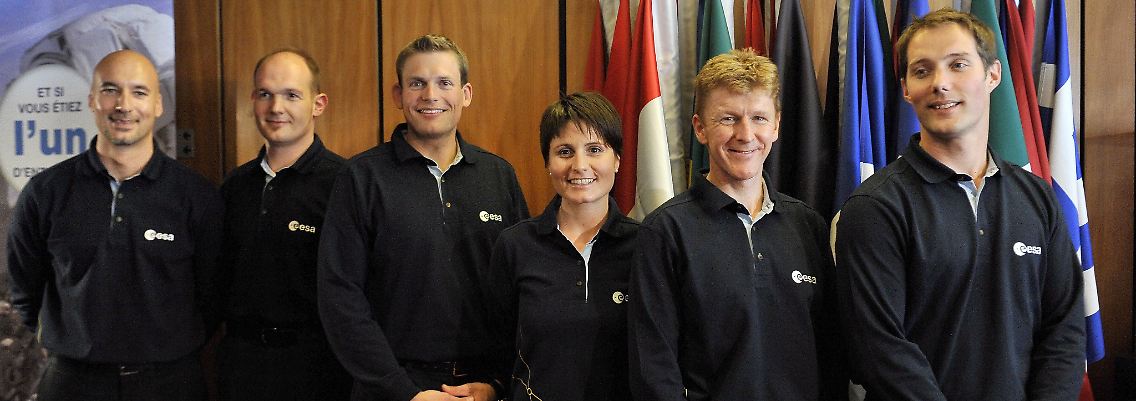 Im Bild die ausgewählten ESA-Astronauten Luca Parmitano, Alexander Gerst, Andreas Morgensen, Samantha Cristoforetti, Timothy Peake und Thomas Pesquet (v.l.).
