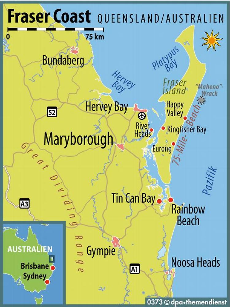 Die größte Sandinsel der Welt: Fraser Island liegt etwa vier Autostunden nördlich von Brisbane vor der Küste des Bundesstaates Queensland.