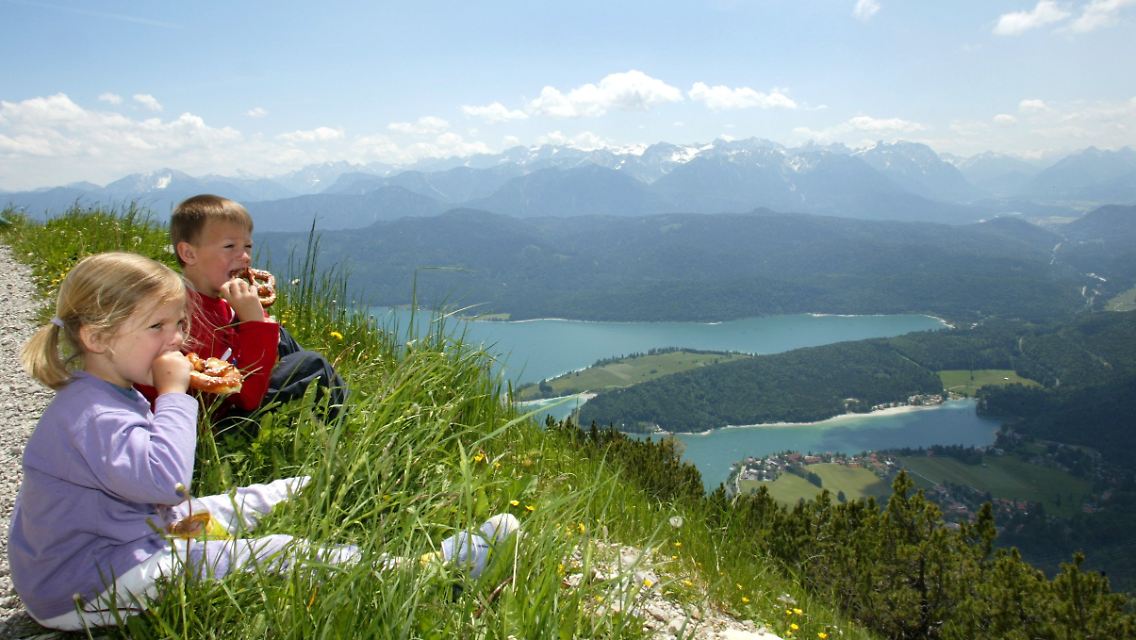 Ausblick auf dem Herzogstand bei Bad Tölz auf den Walchensee und das Karwendel-Gebirge.