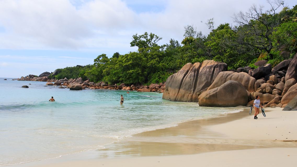 ... machen sich viele Deutsche auf eine weitere Reise. (Urlauber auf einer Seychellen-Insel)