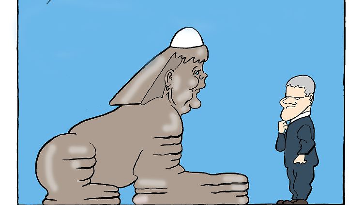 "Sphinx" Angela Merkel mit Kopfbedeckung der Kosovo-Albaner und Boris Tadic in der Zeichnung eines serbischen Karikaturisten.