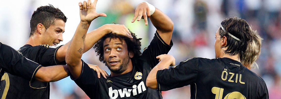 Auswärtssieg und Spaß dabei: Reals Cristiano Ronaldo, Marcelo und Mesut Özil.
