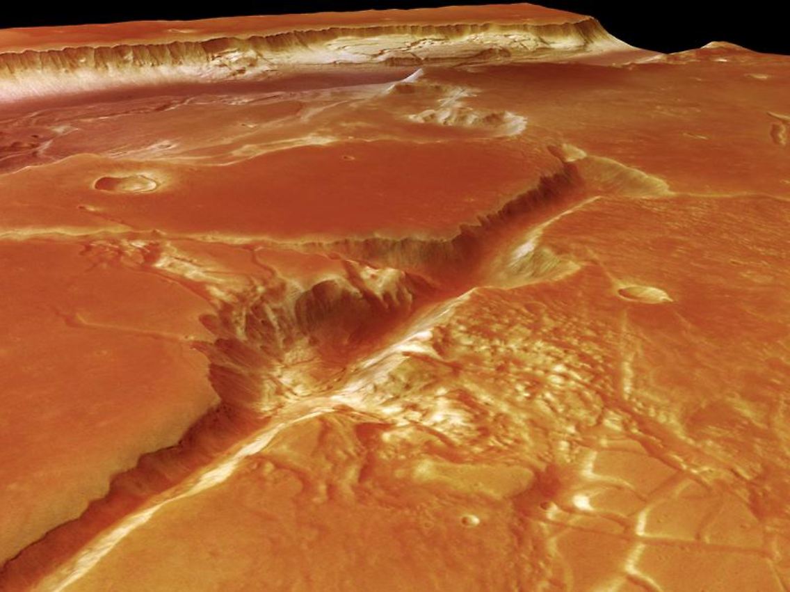 Das mit der Stereokamera der europäischen Raumsonde "Mars Express" erstellte Detailbild zeigt eine gigantische Schlucht auf dem Roten Planeten.