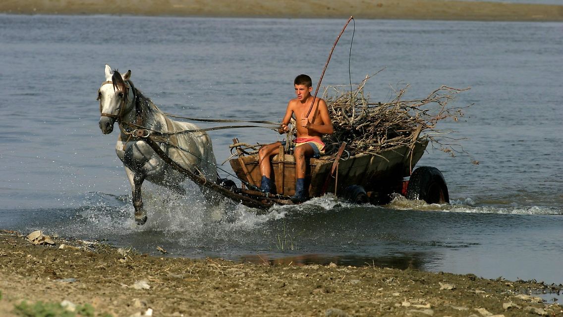 Niedrigwasser führende Donau 130 Kilometer südöstlich von Bukarest.