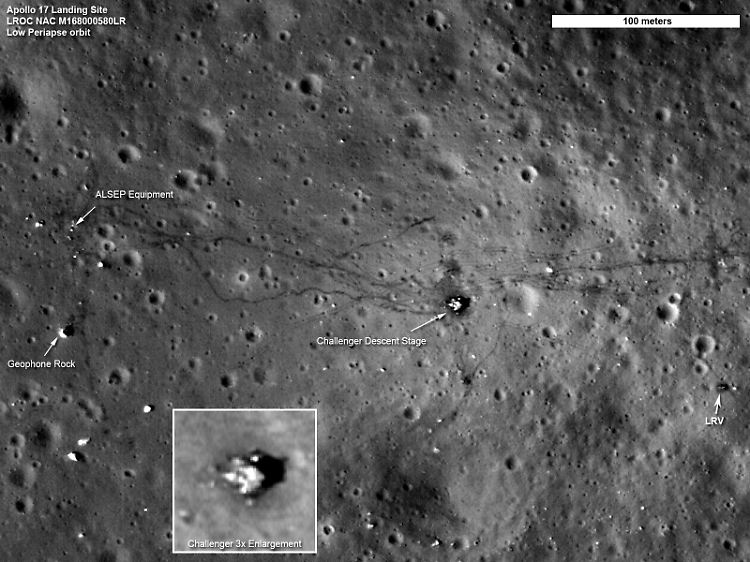 Die Aufnahme des Landeplatzes der Apollo-17-Mission zeigt die Fußspuren der Astronauten (dunkle Linien), die Position des Instrumentenpakets der ALSEP-Messstation (Pfeil oben l.), die Spuren des Mondbuggys (hellere parallele Linien) und das Landemodul "Challenger" (Pfeil "Challenger Descent Stage" sowie eine vergrößerte Darstellung im Kasten unten l.).