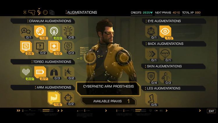 In einer Übersicht versieht der Spieler den Körper von Adam Jensen mit neuen Augmentierungen.