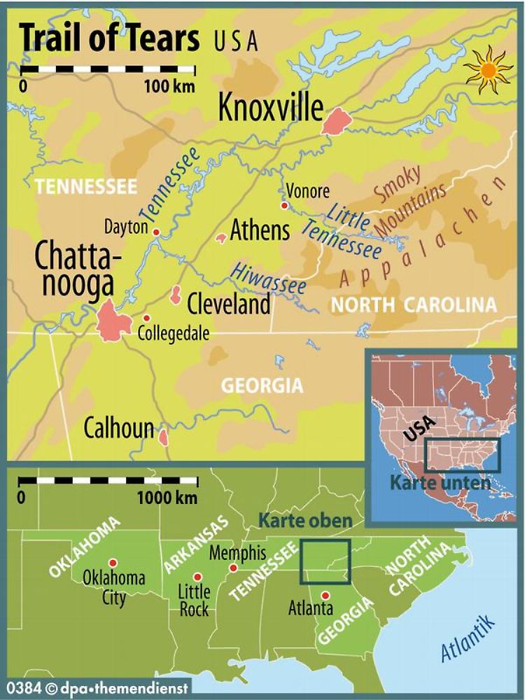 Vom Mocassin Bend in der Stadt Chattanooga aus begann der lange Marsch der Cherokee nach Westen - 900 Meilen weit bis Oklahoma.