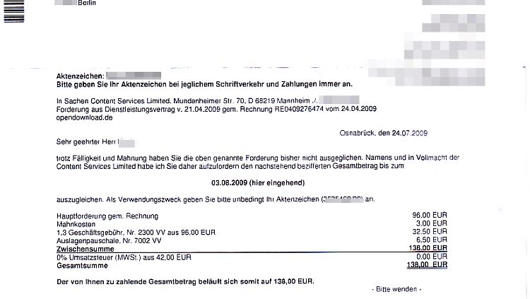 Diese Mahnung wurde von Anwalt T. ohne vorhergehende Rechnung zugestellt.