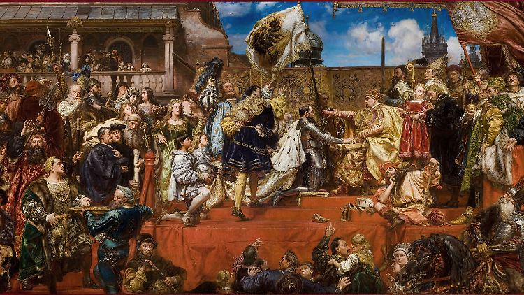 Polens Nationalstolz: Jan Matejkos"Preußische Huldigung" stellt Albrecht von Hohenzollern dar, als dieser1525 König Sigismund I.  den Lehnseid leistet.