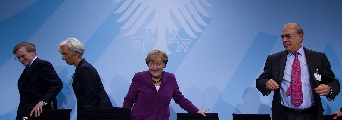 Klar ist hier noch gar nichts: Zoellick, Lagarde, Merkel und Gurria (vl) treffen sich in Berlin.