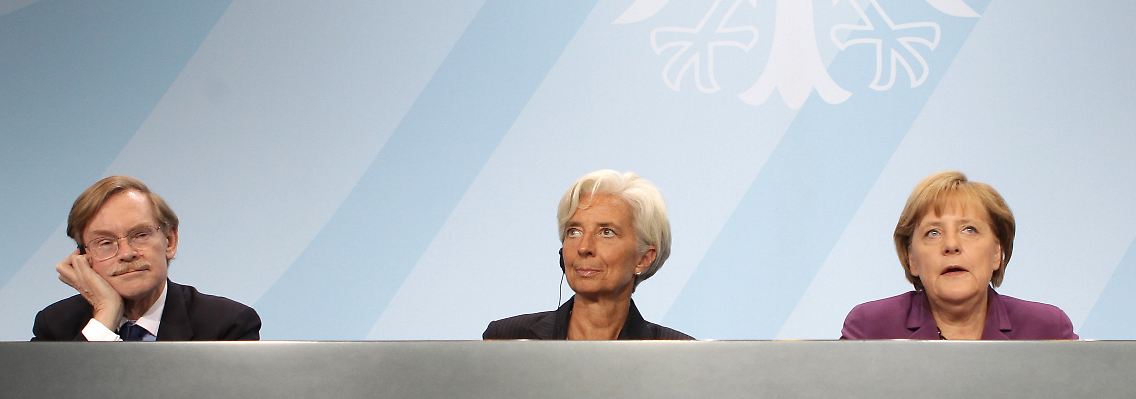 Weltbankpräsident Zoellick (l.) neben IWF-Chefin Lagarde und Kanzlerin Merkel.
