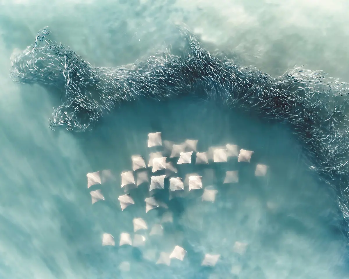 Ein-Schwarm-Kuhnasenrochen-der-sich-einem-Schwarm-Menhaden-Koederfischen-naehert