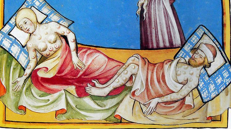 Darstellung der Beulenpest in der Toggenburg-Bibel (Schweiz) von 1411.