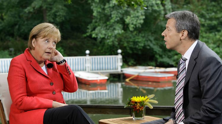 RTL-Chefredakteur Peter Kloeppel befragt Bundeskanzlerin Angela Merkel im Café am Neuen See in Berlin.