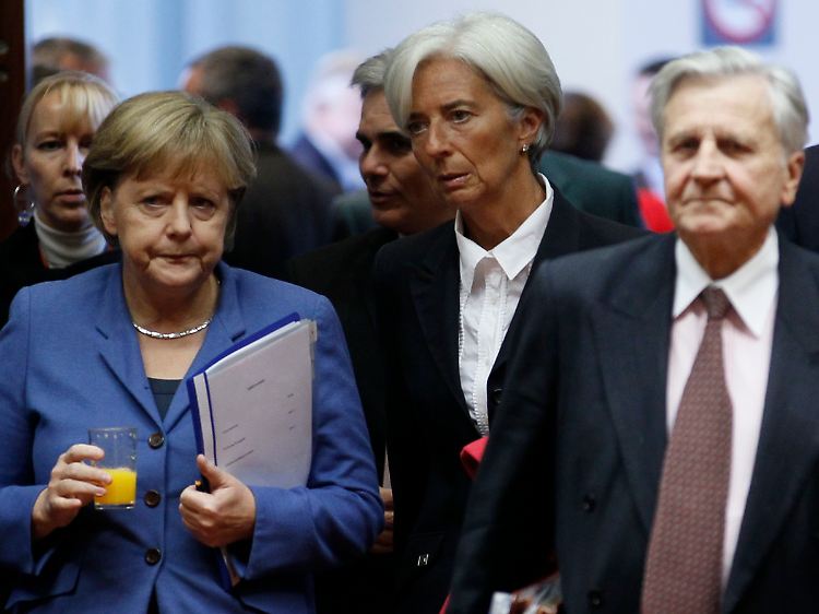 Bundeskanzlerin Angela Merkel, IWF-Chefin Christine Lagarde und EZB-Chef Jean-Claude Trichet.