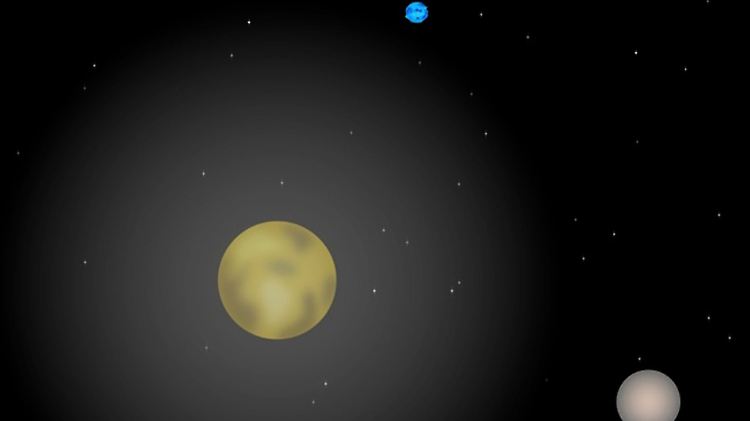 Pluto (Computergrafik mit der Sonne am Bildrand oben und dem größten Pluto-Mond Charon rechts unten) am Rande unseres Sonnensystems gilt nach Entdeckung von Eris ebenfalls als Zwergplanet.