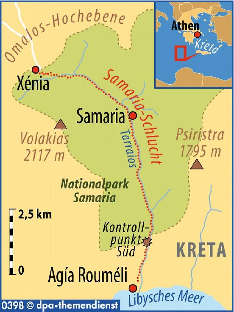 Mit rund 13 Kilometern ist die Schlucht von Samaria eine der längsten in Europa. Sie liegt im Südwesten der größten Insel Griechenlands.