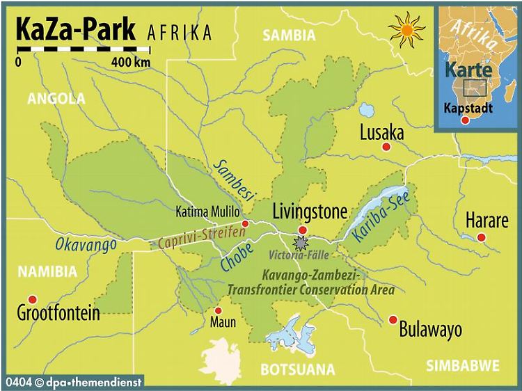 Der Nationpark ist grenzüberschreitend - Angola, Sambia, Simbabwe, Botsuana und Namibia haben ihn gemeinsam gegründet.