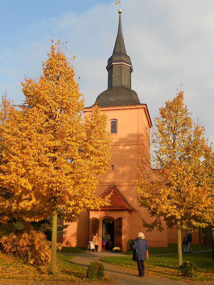 Am rechten Seiteneingang der Kirche steht der Nachfolger des berühmten Birnbaums, der auf dem Grab des Herrn von Ribbeck auf Ribbeck im Havelland gewachsen sein soll.