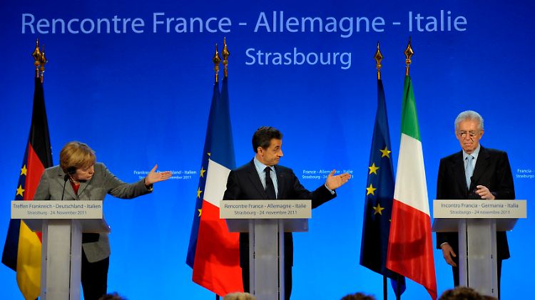 Die Teilnehmer des Minigipfels (v.l.n.r.): Angela Merkel, Nicolas Sarkozy und Mario Monti.