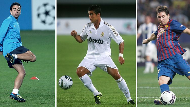 Sie sehen: Die Nominierten für die Wahl zum Weltfußballer 2011, Xavi Hernandez, Cristiano Ronaldo und Lionel Messi (v.l.).
