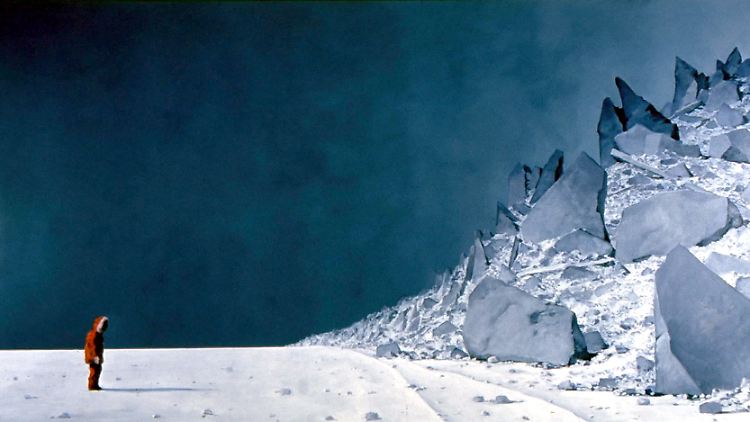 Der Künstler Gerhard Rießbeck hat die Arbeit der Antarktisforscher in Ölgemälden dokumentiert. Dieses Bild entstand 2005 während einer  Expeditionsreise des AWI-Forschungsschiffes "Polarstern".
