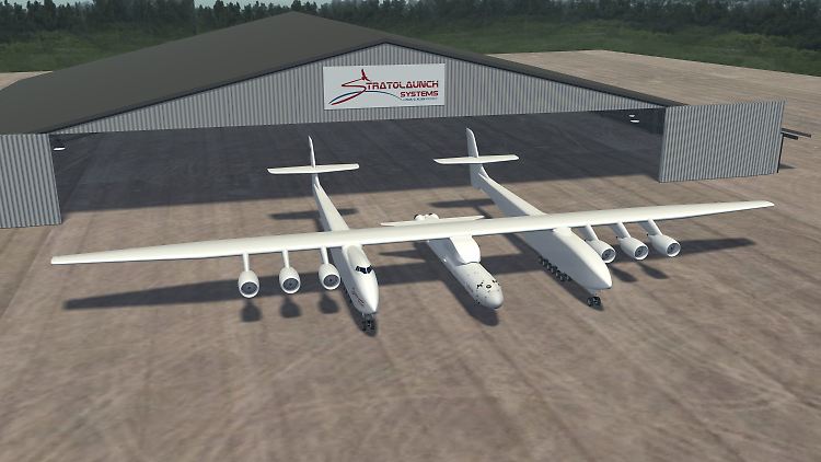 Das Computerbild zeigt die Vision des bisher größten Flugzeuges auf der Welt, von dem aus Satelliten oder auch Raumfahrzeuge gestartet werden sollen.