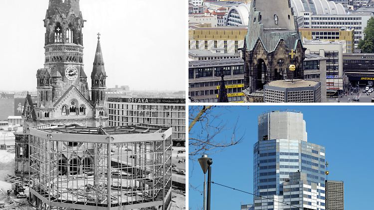 Kaiser-Wilhelm-Gedächtniskirche am Kurfürstendamm in Berlin 1960(l), im August 2008 (oben) und im März 2011 (unten).