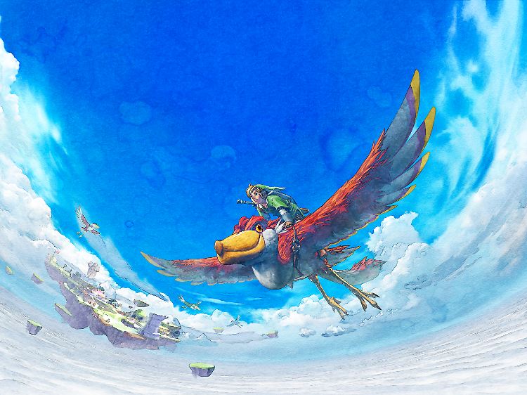 Link stürzt sich mit seinem roten Riesenvogel in sein Jubiläums-Abenteuer "The Legend of Zelda: Skyward Sword".
