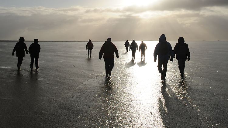 Wattwanderer gehen auf die Hallig Oland in der Nordsee zu.