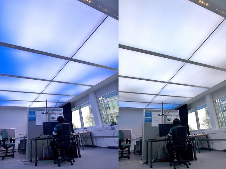 Eine dynamische Lichtdecke vermittelt dem Büroangestellten das Gefühl, unter freiem Himmel zu arbeiten.